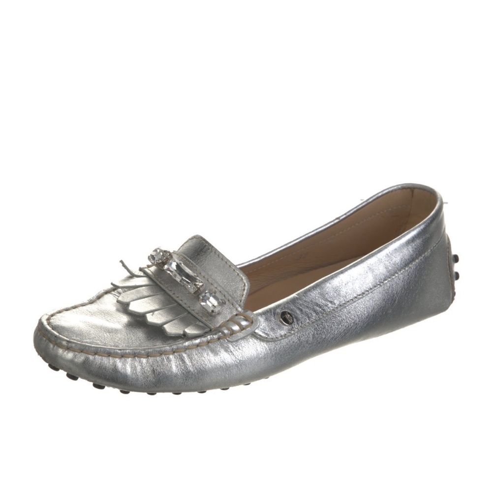 Tod's Silver Moccasins with Fringe Detail